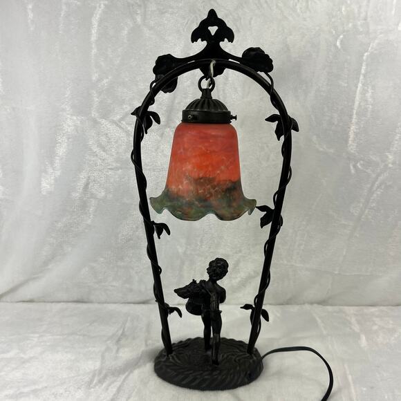Art Nouveau Style Cherub Accent Lamp With Ruffled Glass Shade & Iffland Mark - Picture 7 of 12